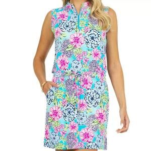 IBKUL Larisa Drawstring Golf Dress Sleeveless Floral Pink Turquoise Size XS